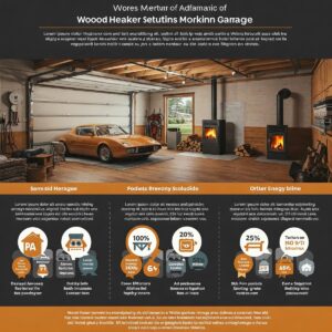 Infographic illustrating the benefits of using a wood heater in a garage, emphasizing warmth during cold weather and cost-effective heating solutions.