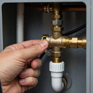 Illustration depicting a hand inspecting a water heater water valve for leaks or corrosion.
