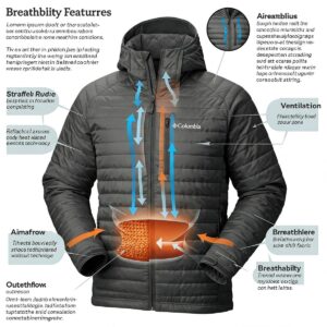 Diagram showing the breathability features of a men's Columbia Omni-Heat jacket for comfortable wear.