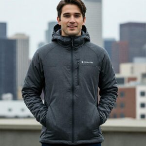 Men's Columbia Omni-Heat jacket in gray, demonstrating its modern design and comfortable fit.