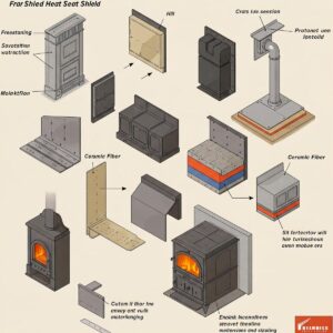 Various types of heat shields designed for different styles and sizes of wood stoves.