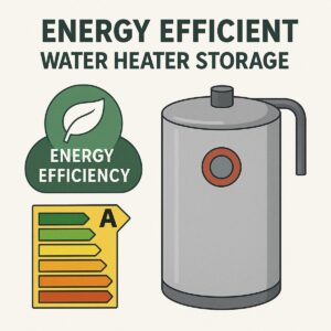 Energy-efficient water heater storage tank with energy label rating and eco-friendly badge, highlighting sustainable hot water solutions.