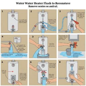 Step-by-step illustration of how to flush a water heater to remove accumulated sediment.