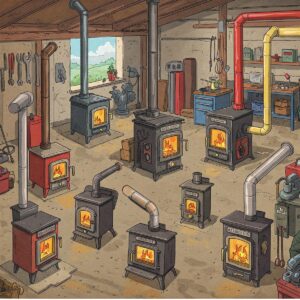 Different types of wood heaters suitable for garage use, including small stoves and larger models with chimney pipes.