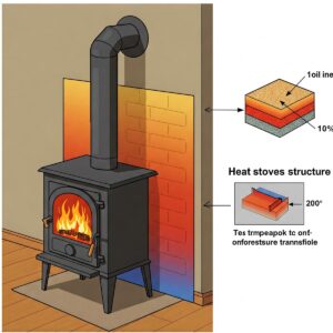 Illustration showing how a heat shield protects a wall behind a wood stove from excessive heat.
