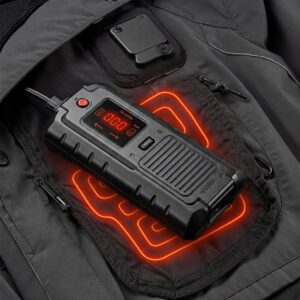 The rechargeable battery pack powering a top rated men's heated jacket.