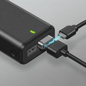 The rechargeable battery pack powering a men's heated jacket with a hood and its secure connection.