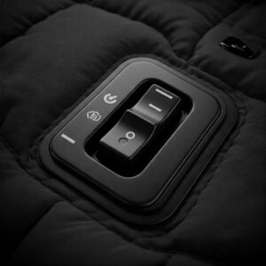 Easy-to-use control panel on a men's hooded heated jacket for adjusting heat levels.