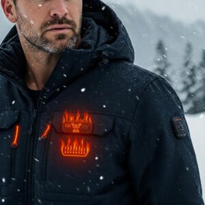 Detail of the heating pads inside a men's heated jacket, showcasing the technology for warmth.