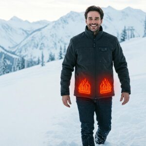 A man comfortably wearing a top rated men's heated jacket in a snowy outdoor environment.