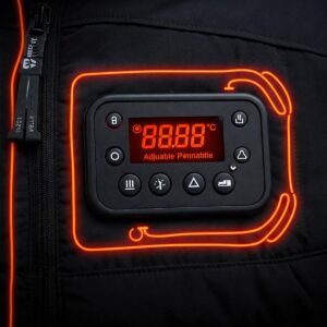 Control panel showing adjustable temperature settings on a top rated men's heated jacket.