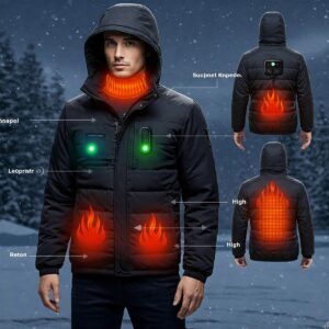 Illustration showing the different temperature settings available on a men's heated jacket with hood.