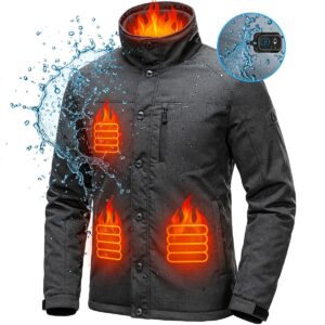 Water-resistant feature highlighted on a top rated men's heated jacket.