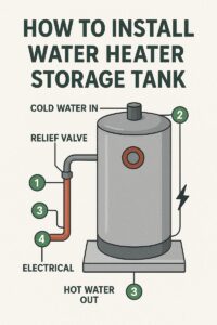 Step-by-step installation infographic for a water heater storage tank, with labeled pipes, relief valve, and electrical connections.