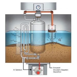 Illustration depicting the process of mineral deposits forming sediment at the bottom of a water heater.