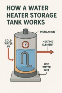 Diagram explaining how a water heater storage tank works, with labeled cold water inlet, heating element, insulation, and hot water outlet.
