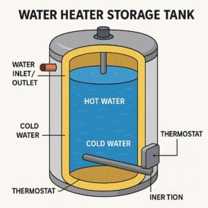 Cutaway illustration showing the internal components of a water heater storage tank, including insulation, hot and cold water zones, and thermostat.