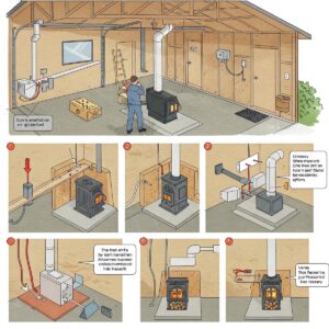 Step-by-step illustration showing the process of correctly installing a wood heater in a residential garage with proper ventilation