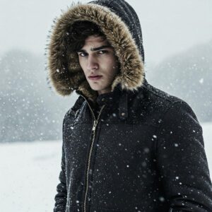 A man comfortably wearing a men's heated jacket with a hood while outdoors in a chilly environment.