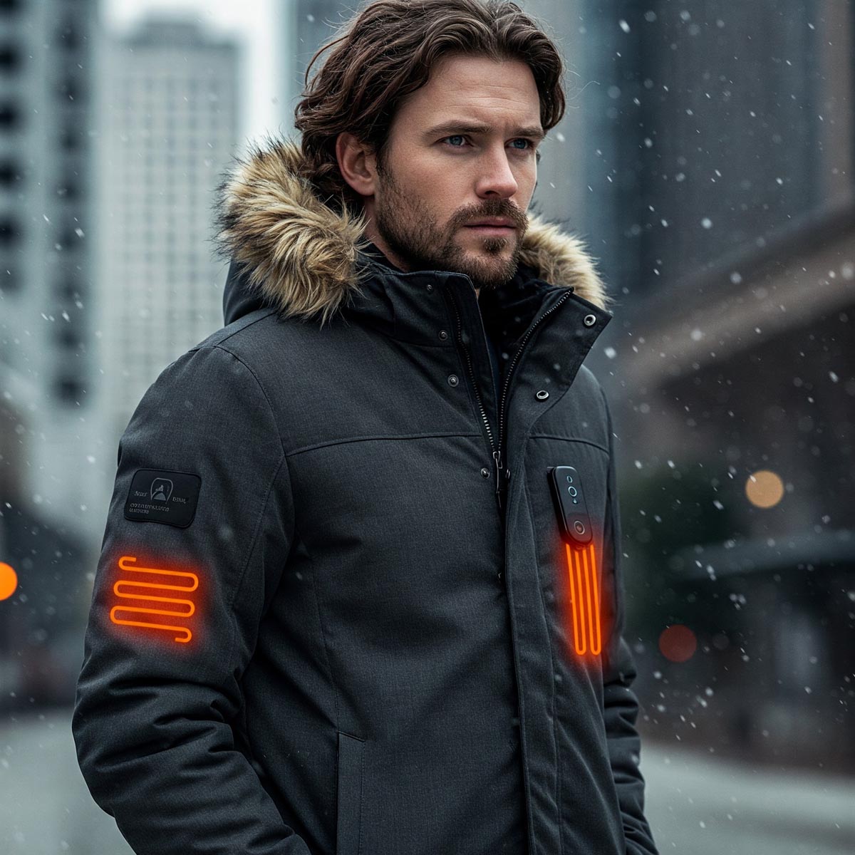 A stylish men's heated jacket in [mention a color or style detail, e.g., charcoal grey, quilted] with a visible hood, perfect for staying warm in cold weather.