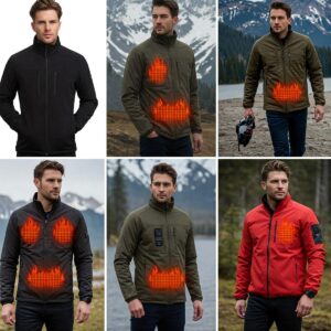Various styles and color options for a top rated men's heated jacket.