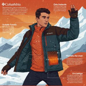 Illustration highlighting the Columbia Omni-Heat thermal reflective technology and its warmth benefits for men.
