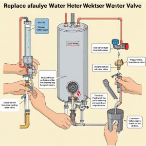Step-by-step illustration demonstrating how to replace a faulty water heater water valve.