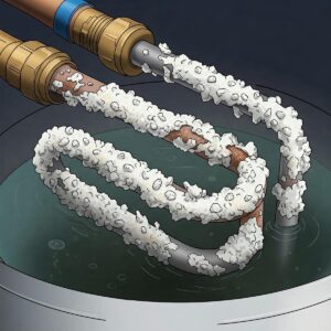 Illustration highlighting a water heater heating element damaged and coated with hard mineral sediment.