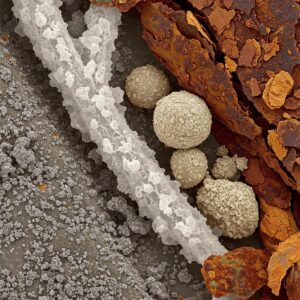 Visual representation of various types of water heater sediment, including calcium, magnesium, and rust particles.