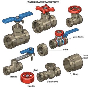 Illustration showcasing different types of water heater water valves, including ball valves and gate valves.