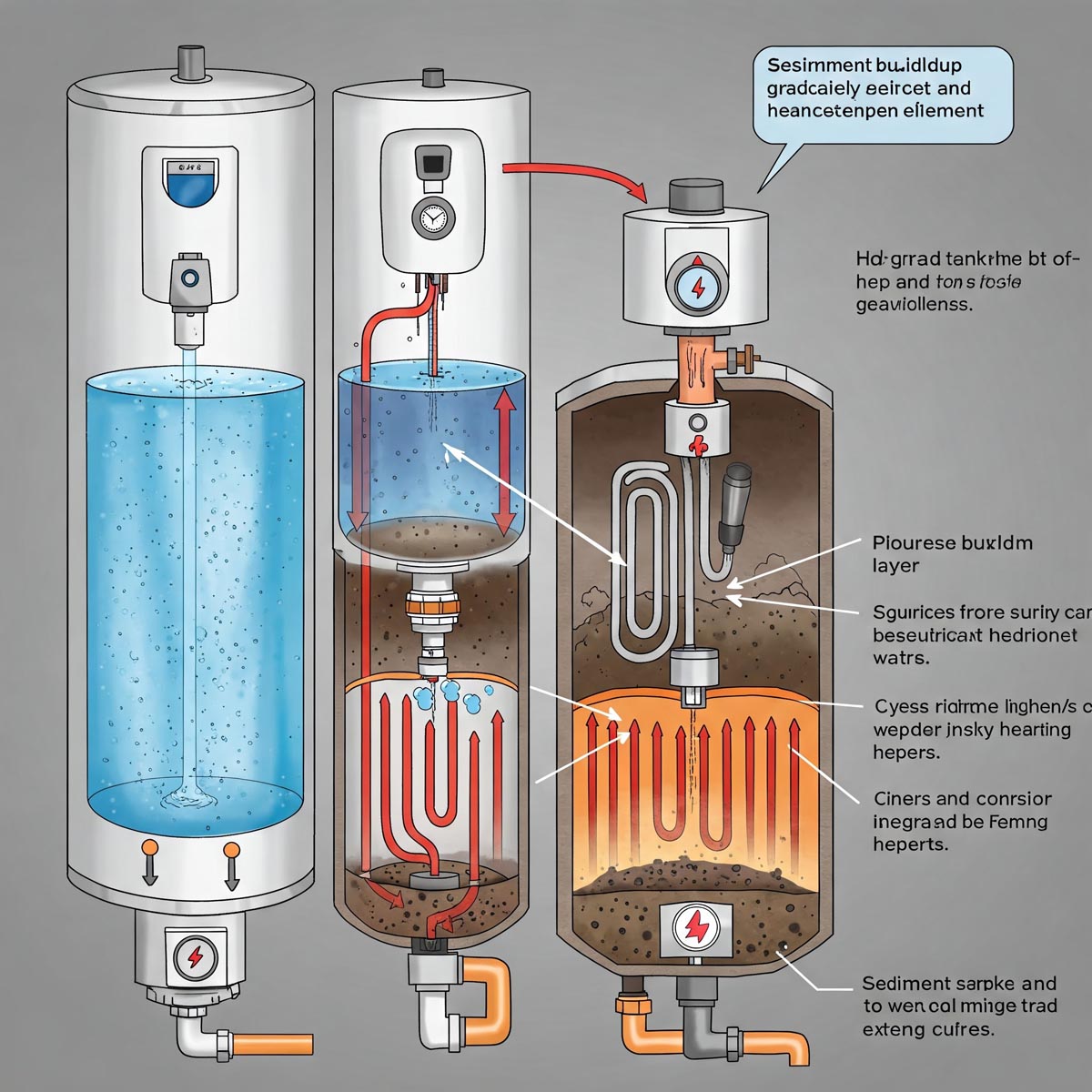 Diagram showing how sediment accumulation in a water heater reduces heating efficiency and increases energy costs.