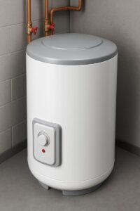 Modern water heater storage tank installed in a home utility room, showcasing compact and efficient hot water storage design.