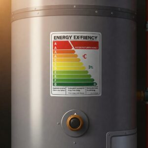 Close-up illustration of the energy efficiency label on a water heater storage tank, highlighting potential savings.