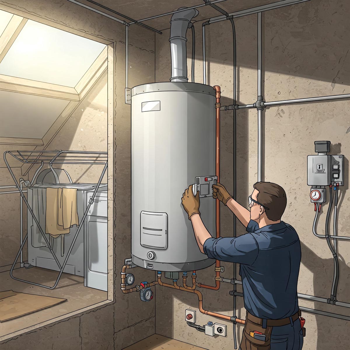 Illustration depicting the installation of a water heater storage tank in a residential setting.
