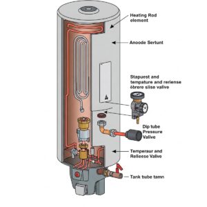 Diagram illustrating the internal components of a water heater storage tank, including the heating element and anode rod.