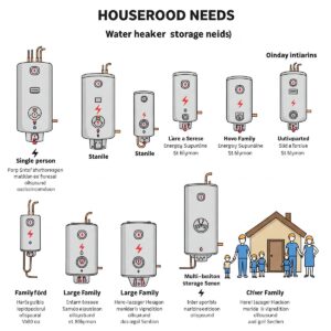 Comparison of various sizes of water heater storage tanks for different household needs.
