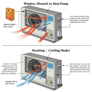  Illustration depicting the airflow pattern of a window mounted heat pump in both heating and cooling modes.