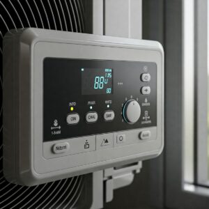 Detailed view of the user-friendly control panel and digital display on a window mounted heat pump.