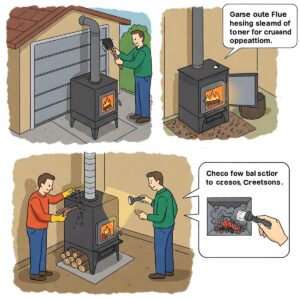 Illustration demonstrating essential maintenance tasks for a garage wood heater, including cleaning the flue and checking for creosote buildup.