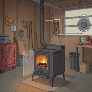 Illustration highlighting key safety features of a wood heater designed for garage environments, such as heat shields and spark arrestors.