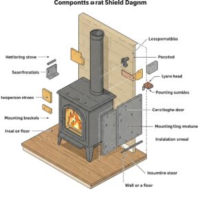 Diagram illustrating the components and installation of a heat shield on a wood-burning stove.