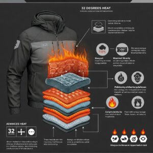 Infographic explaining the advanced heat retention technology in the 32 Degrees Heat men's jacket.