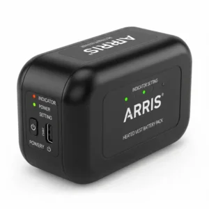  Arris heated vest battery pack, highlighting its portability and easy charging for extended warmth.