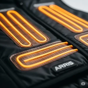  Detailed view of the efficient heating zones in the Arris heated vest, providing targeted warmth.