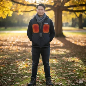  Person enjoying outdoor activities while wearing an Arris heated vest, staying comfortable and warm in chilly conditions.