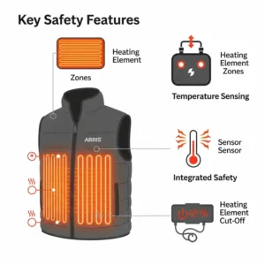 Diagram illustrating the built-in safety features of the Arris heated vest, including overheat protection for secure use.