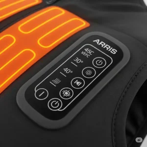 Easy-to-use temperature control button on the Arris heated vest, allowing users to adjust warmth levels.