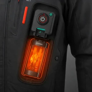 Close-up illustration of the Bosch heated jacket's battery and power button, highlighting its long-lasting warmth and user-friendly controls.