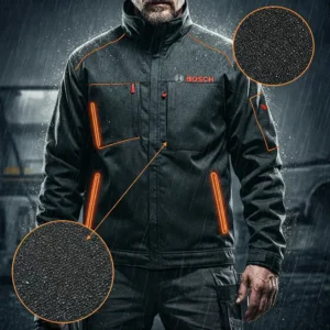 Illustration showcasing the tough and weather-resistant material of a Bosch heated jacket, emphasizing its durability for demanding work environments.