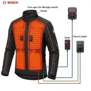 Diagram illustrating the strategically placed heating zones within a Bosch heated jacket, providing targeted warmth to the core body areas.